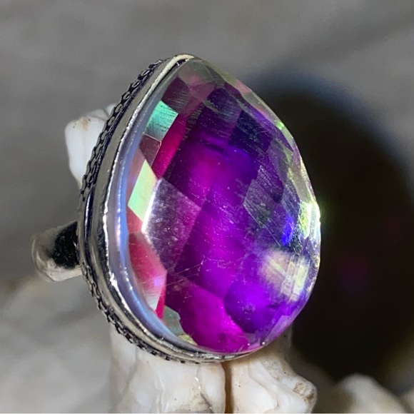 Sale * Mystic Rainbow Topaz vintage teardrop ring - Picture 5 of 12
